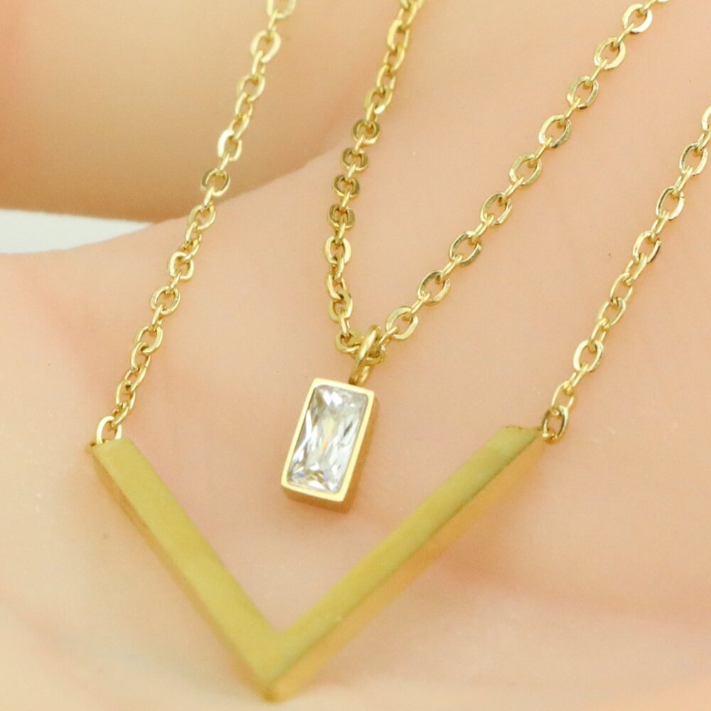 Yellow Gold Double Layer V Pendant Necklace, XPNL0359
